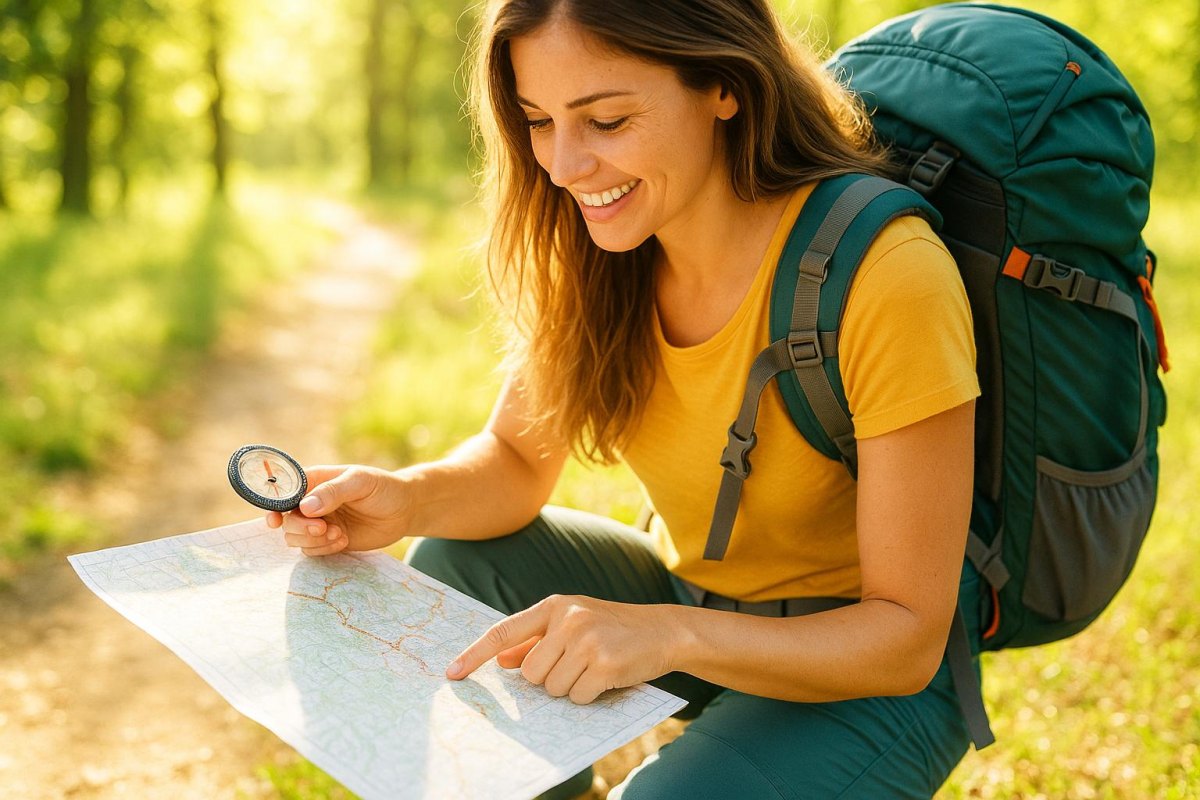 Woman using map and compass