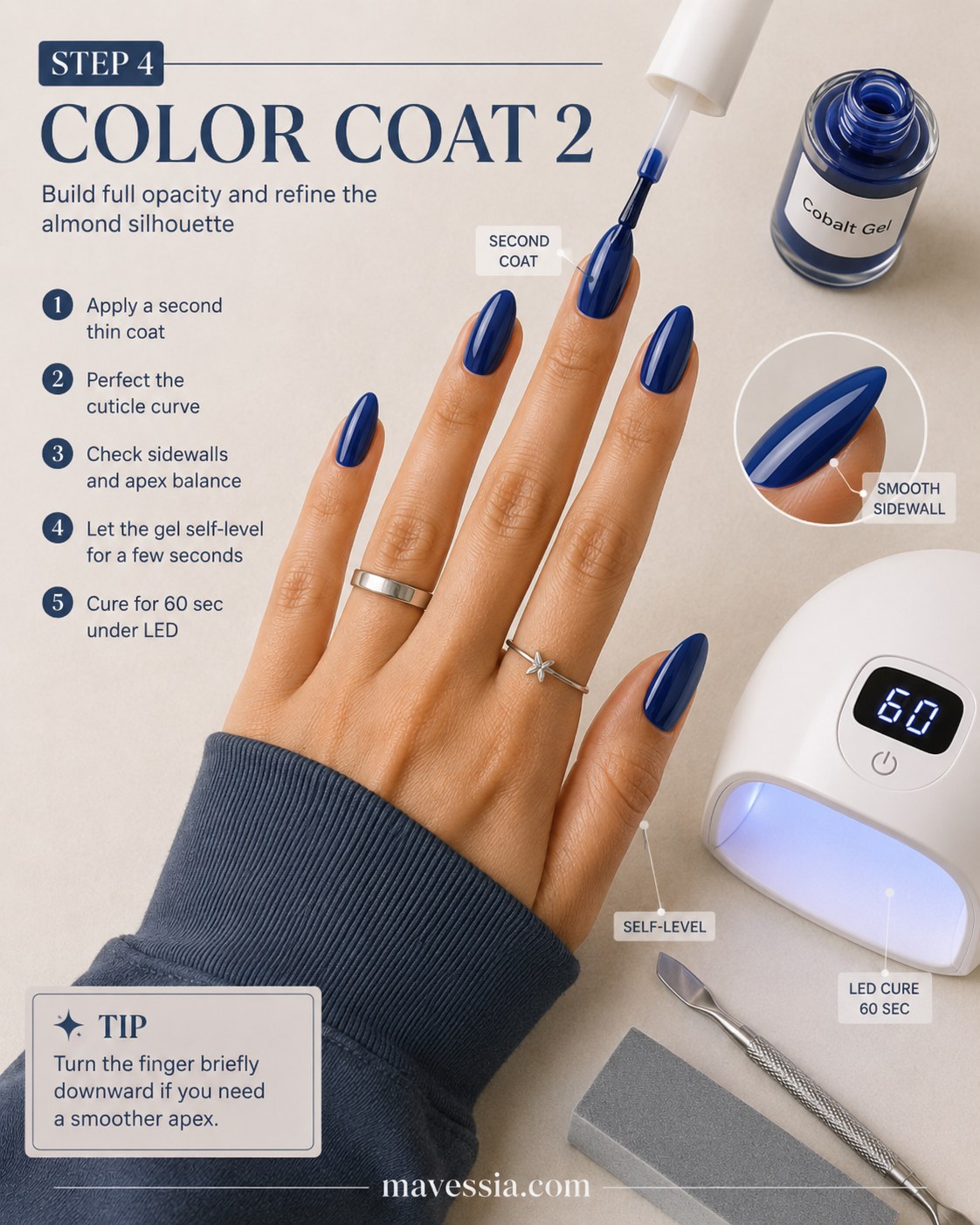 Second cobalt gel coat building full opacity on navy blue chrome almond nails