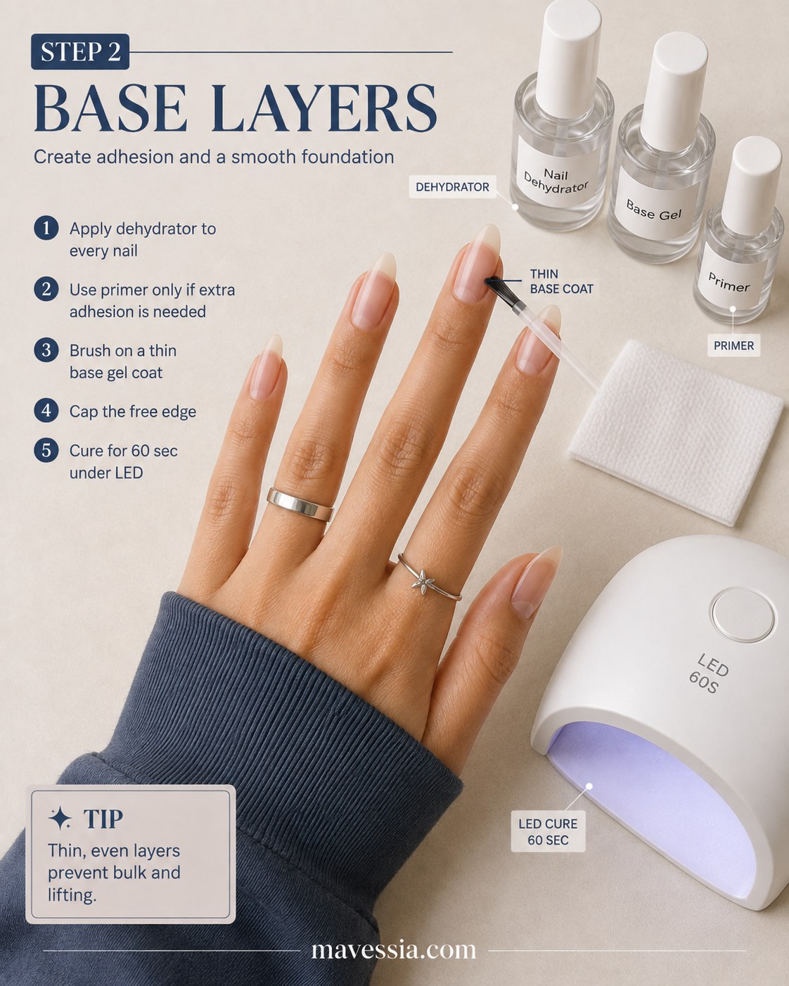 Applying a thin base gel coat under an LED lamp during navy blue chrome almond nails prep