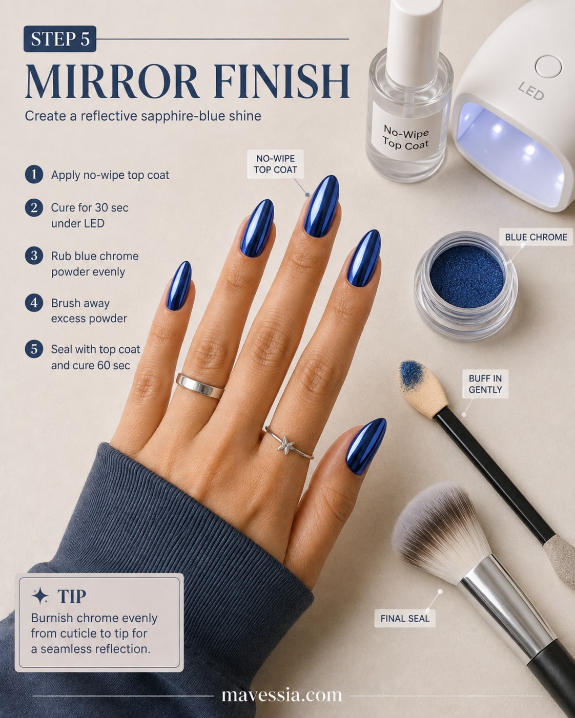 Chrome powder being buffed onto cured gel to create the mirror shine on navy blue chrome almond nails