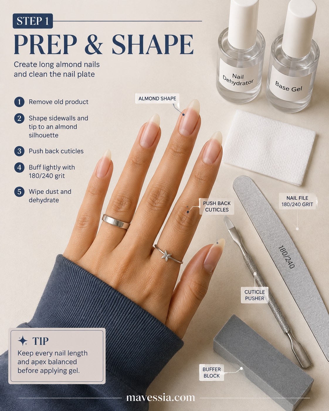 Hand showing the almond shape and prep tools used before applying navy blue chrome almond nails