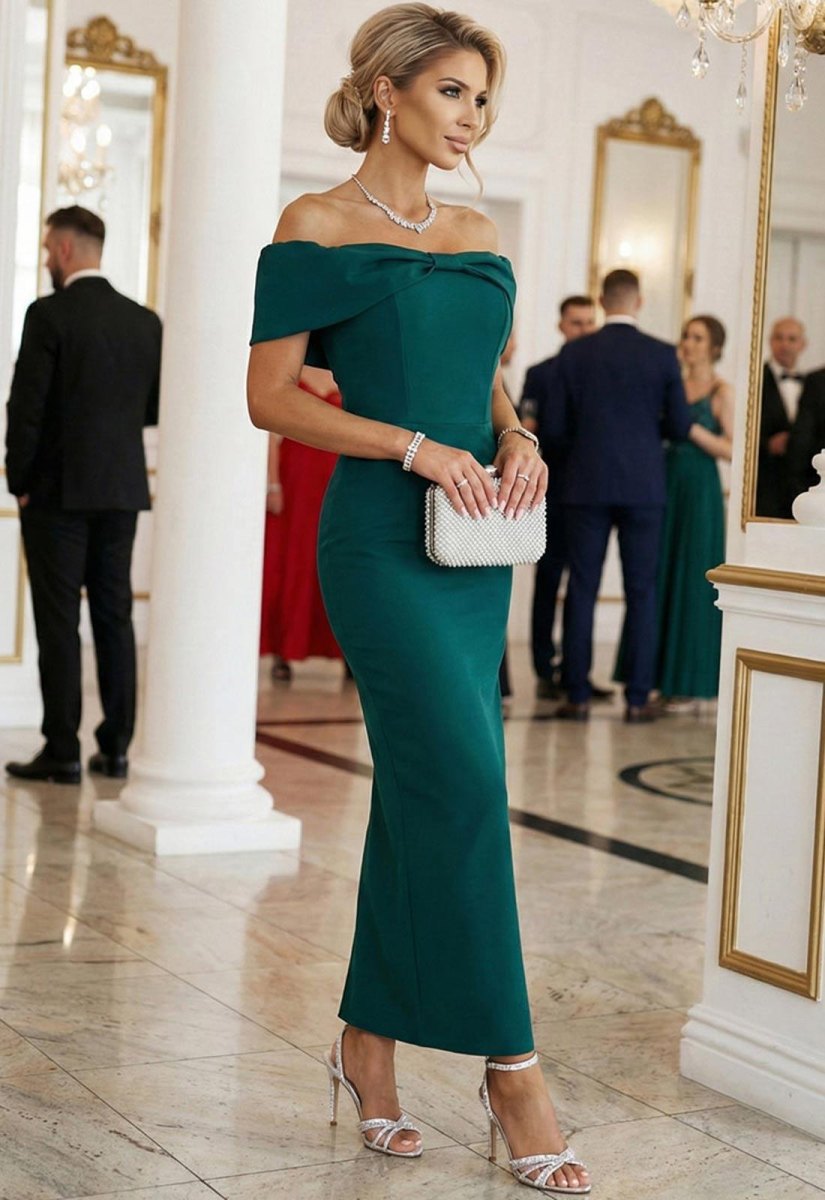 Off shoulder wedding guest dress style