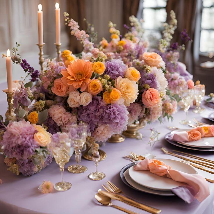 Orchid purple peach wedding decor