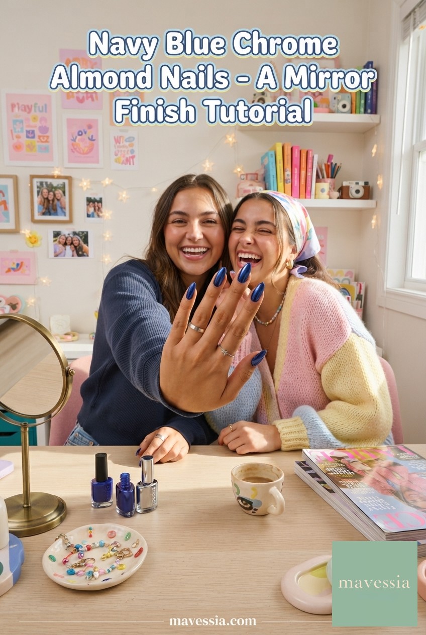 Navy Blue Chrome Almond Nails - A Mirror - Finish Tutorial