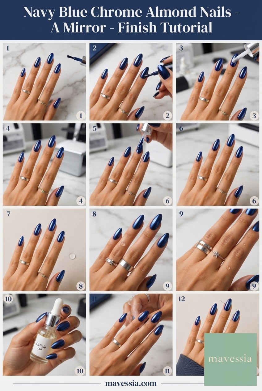 Navy Blue Chrome Almond Nails - A Mirror - Finish Tutorial
