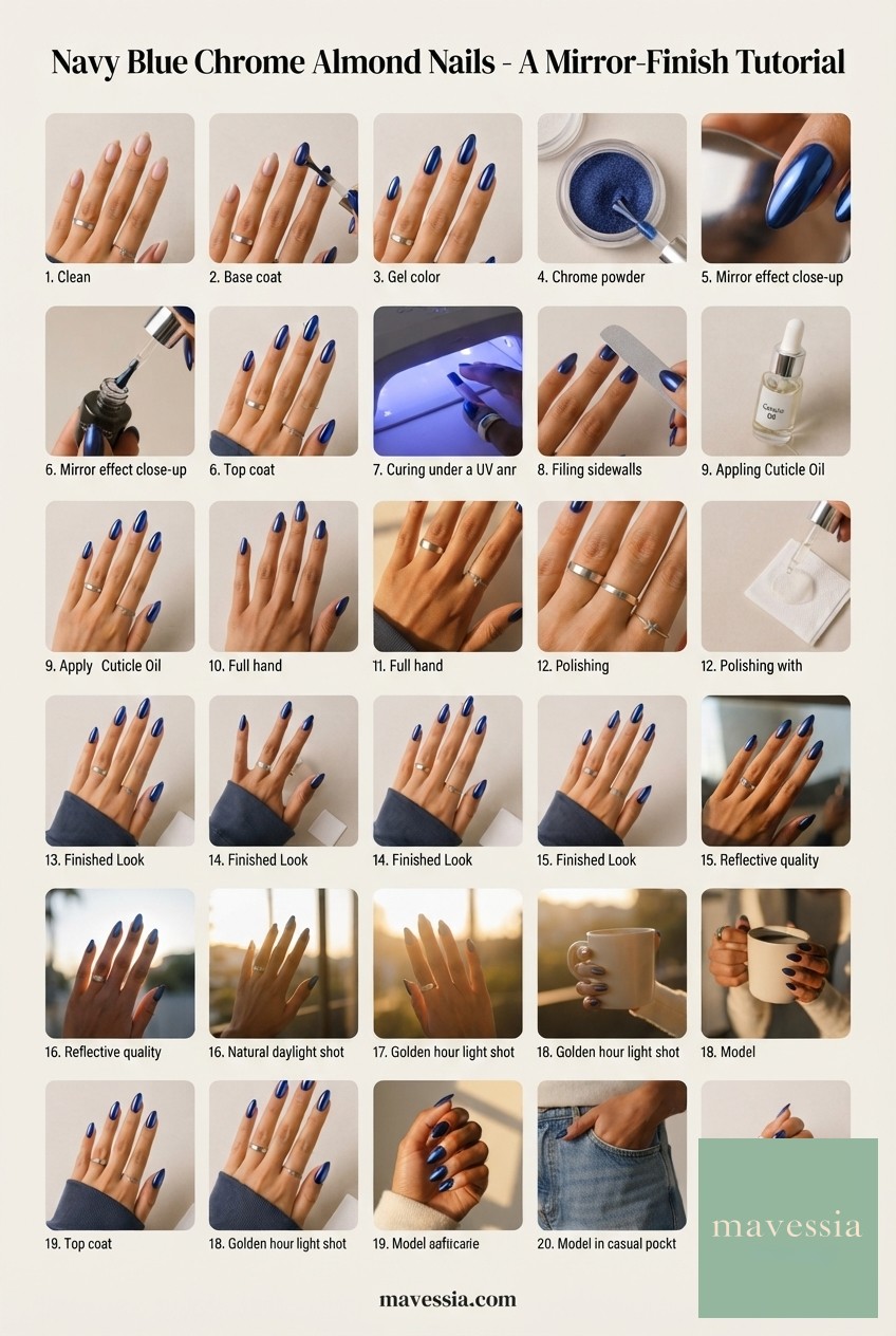 Navy Blue Chrome Almond Nails - A Mirror - Finish Tutorial
