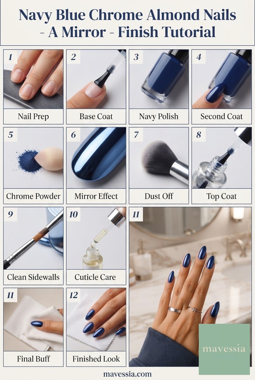 Navy Blue Chrome Almond Nails - A Mirror - Finish Tutorial