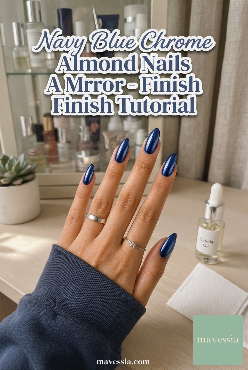Navy Blue Chrome Almond Nails - A Mirror - Finish Tutorial