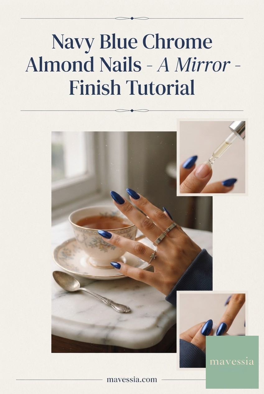 Navy Blue Chrome Almond Nails - A Mirror - Finish Tutorial