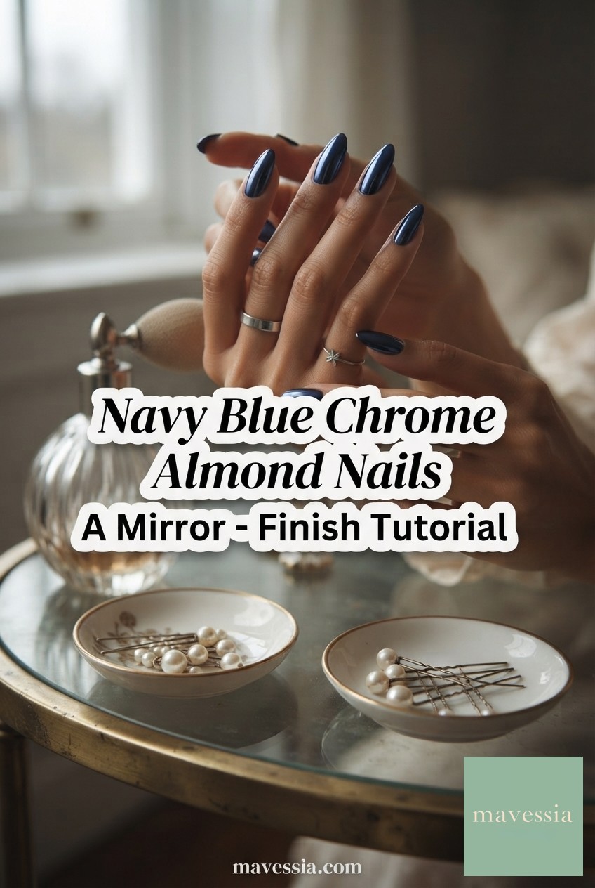 Navy Blue Chrome Almond Nails - A Mirror - Finish Tutorial