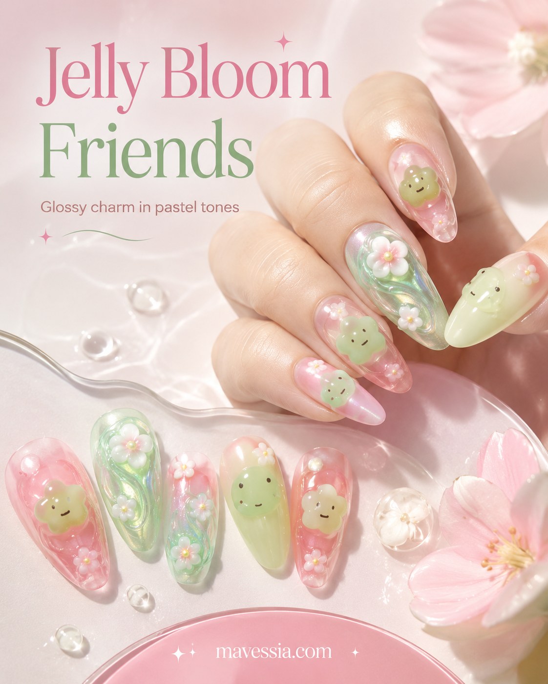 Jelly Bloom Friends nails feature glossy pastel jelly texture with tiny cherry blossoms and smiling charms.
