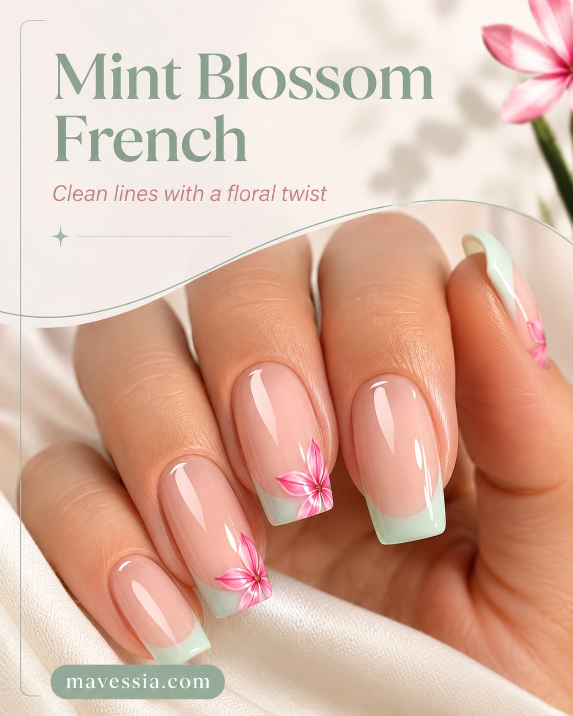 Mint Blossom French tips pair sage green lines with a hand-painted pink lily for spring pastel nails.