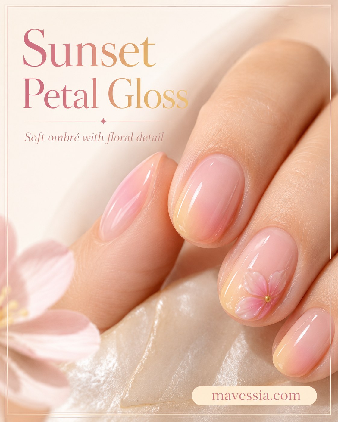 Sunset Petal Gloss shows a soft peach-to-pink ombre with a delicate hand-painted petal accent nail.