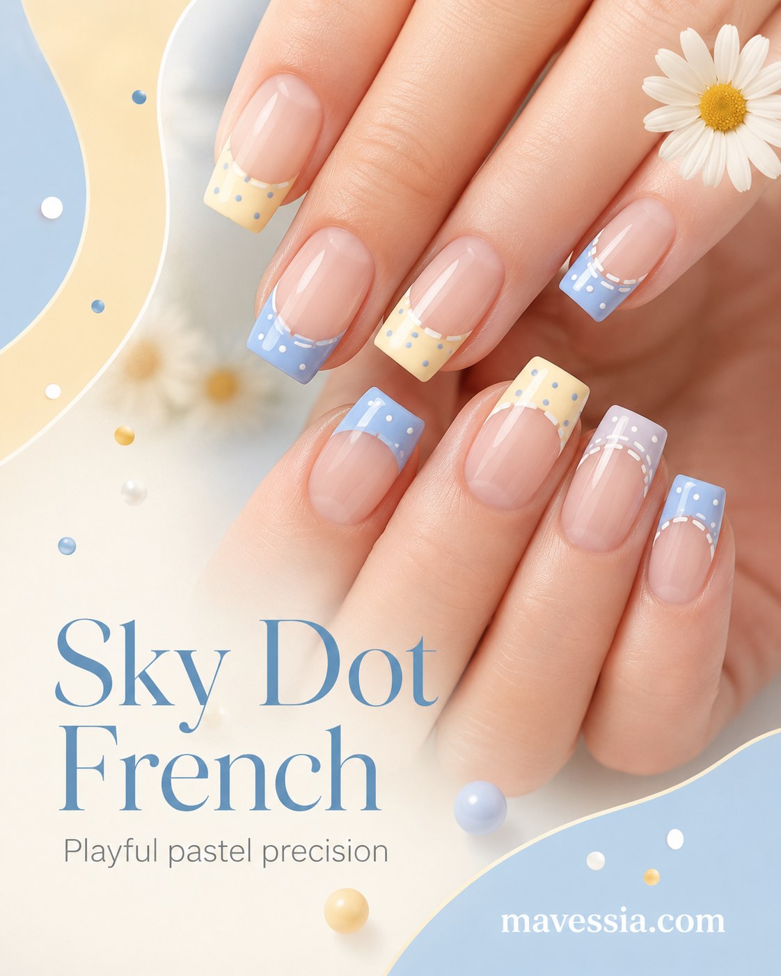 Sky Dot French pairs powder blue and butter yellow tips with polka dots for playful spring nails.