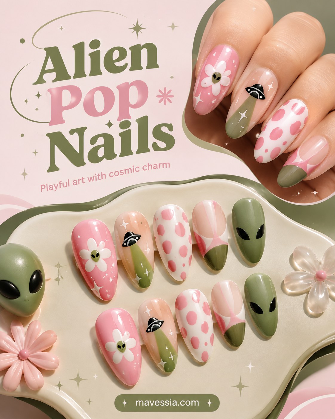 Alien Pop Nails mix pastel pink polka dots and sage green with playful cosmic charm accents.