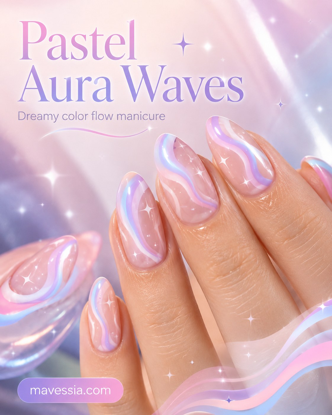 Pastel Aura Waves swirl lilac, blue, and pink across nude nails for a dreamy spring manicure look.