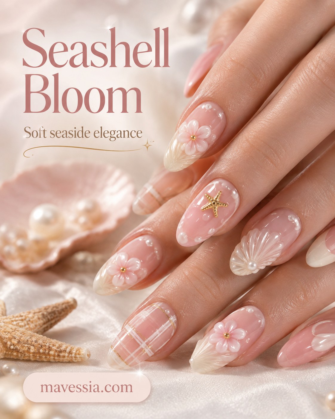 Seashell Bloom nails use soft pink florals, tiny pearls, and a gold starfish for seaside pastel nails.