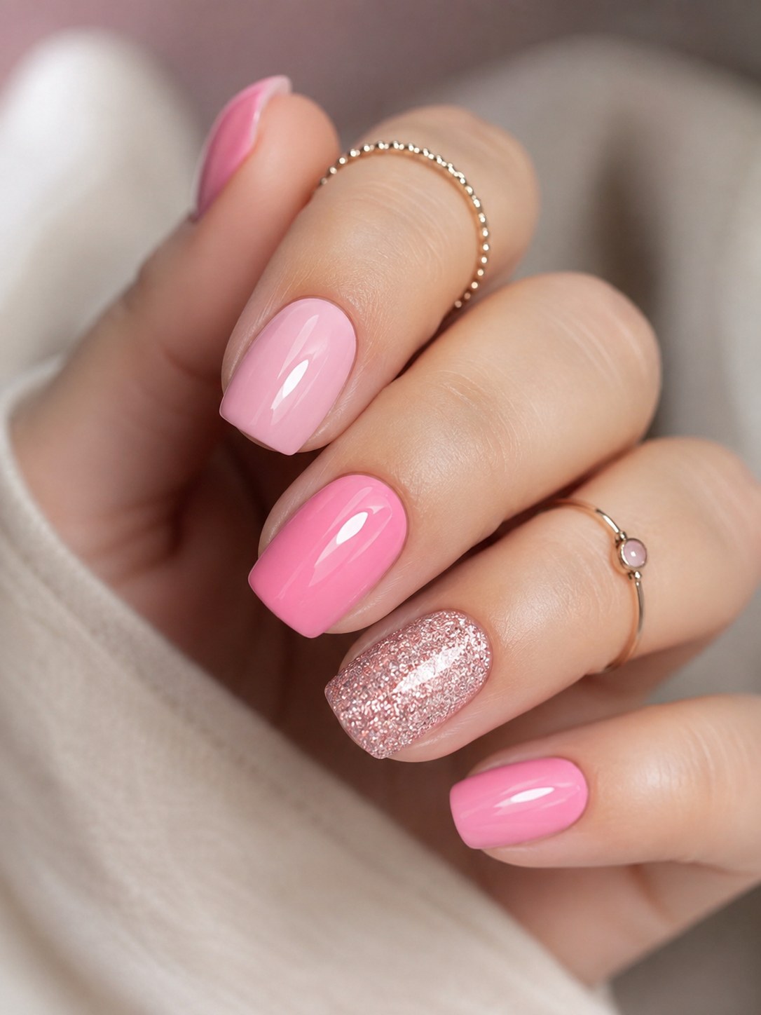 Hand with ombré pink coffin nails short and one glitter accent nail on the ring finger