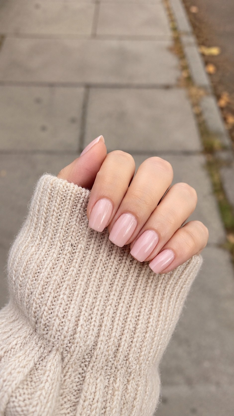Sheer nude-pink coffin nails short peeking out from a knit sweater sleeve