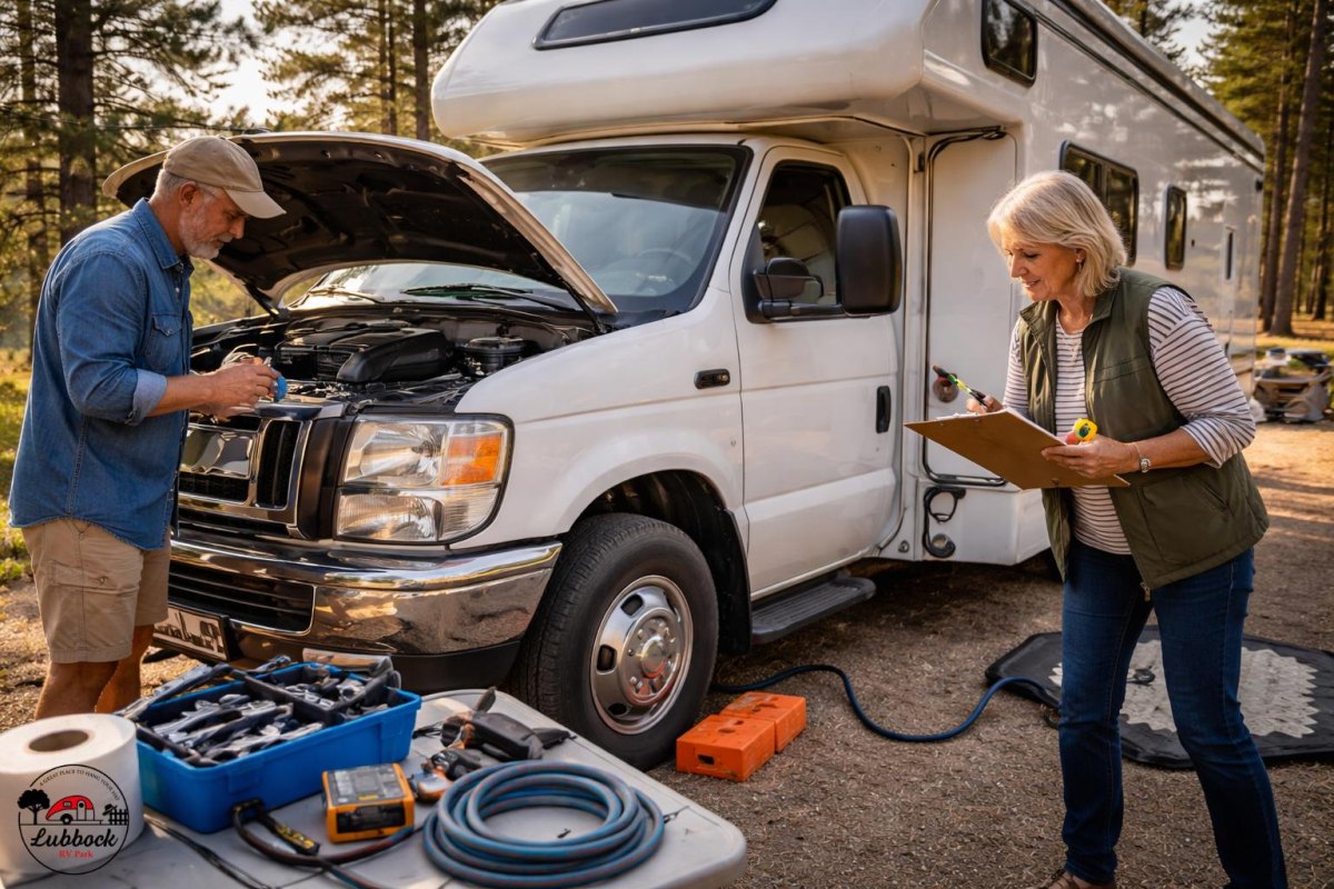 RV owners checking maintenance equipment before a trip