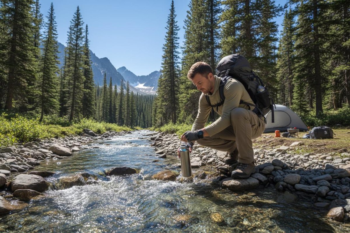 Camper filtering stream water