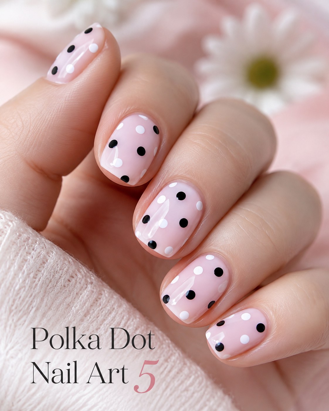 Classic pink polka dot nail art with black and white dots on round short nails