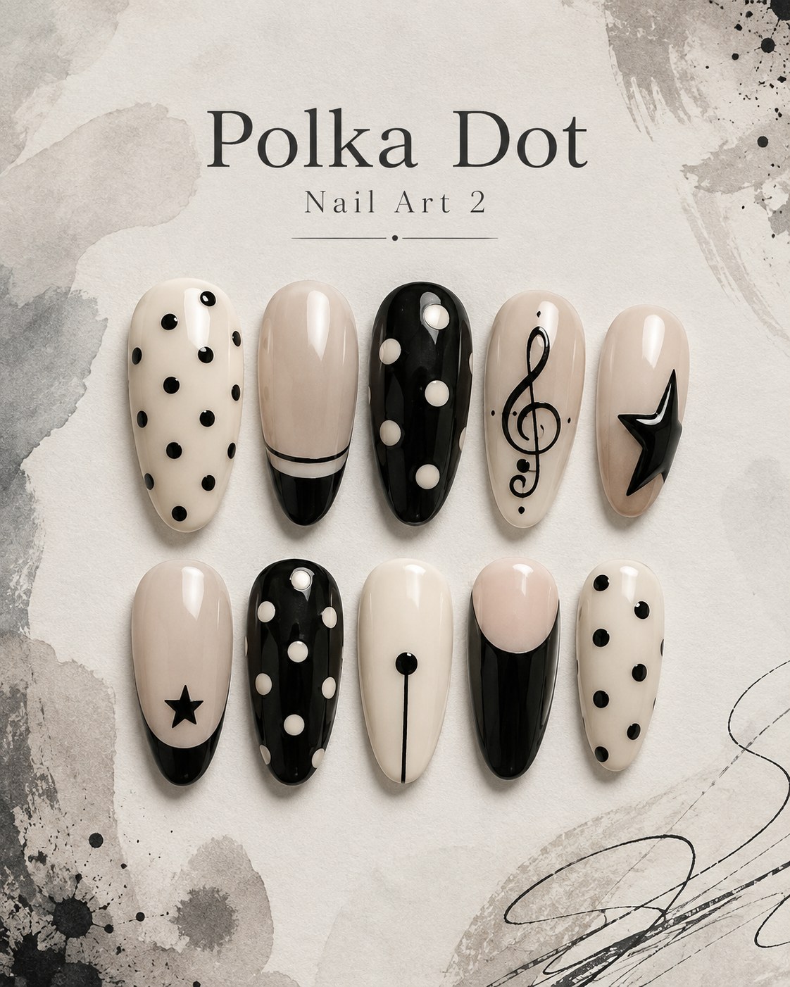 Graphic black and white polka dot nail art with a music note and star accent on almond nails
