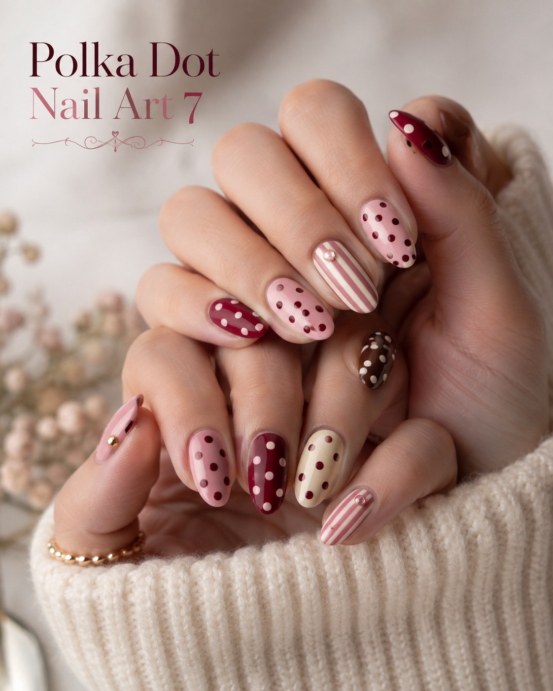 Burgundy and pink polka dot nail art mixed with stripes for a holiday manicure