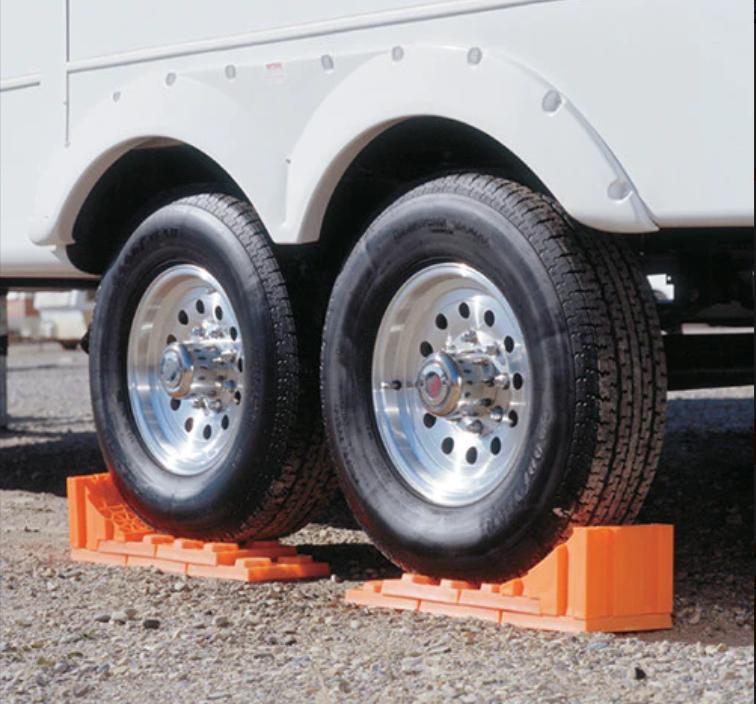 RV leveling blocks under camper