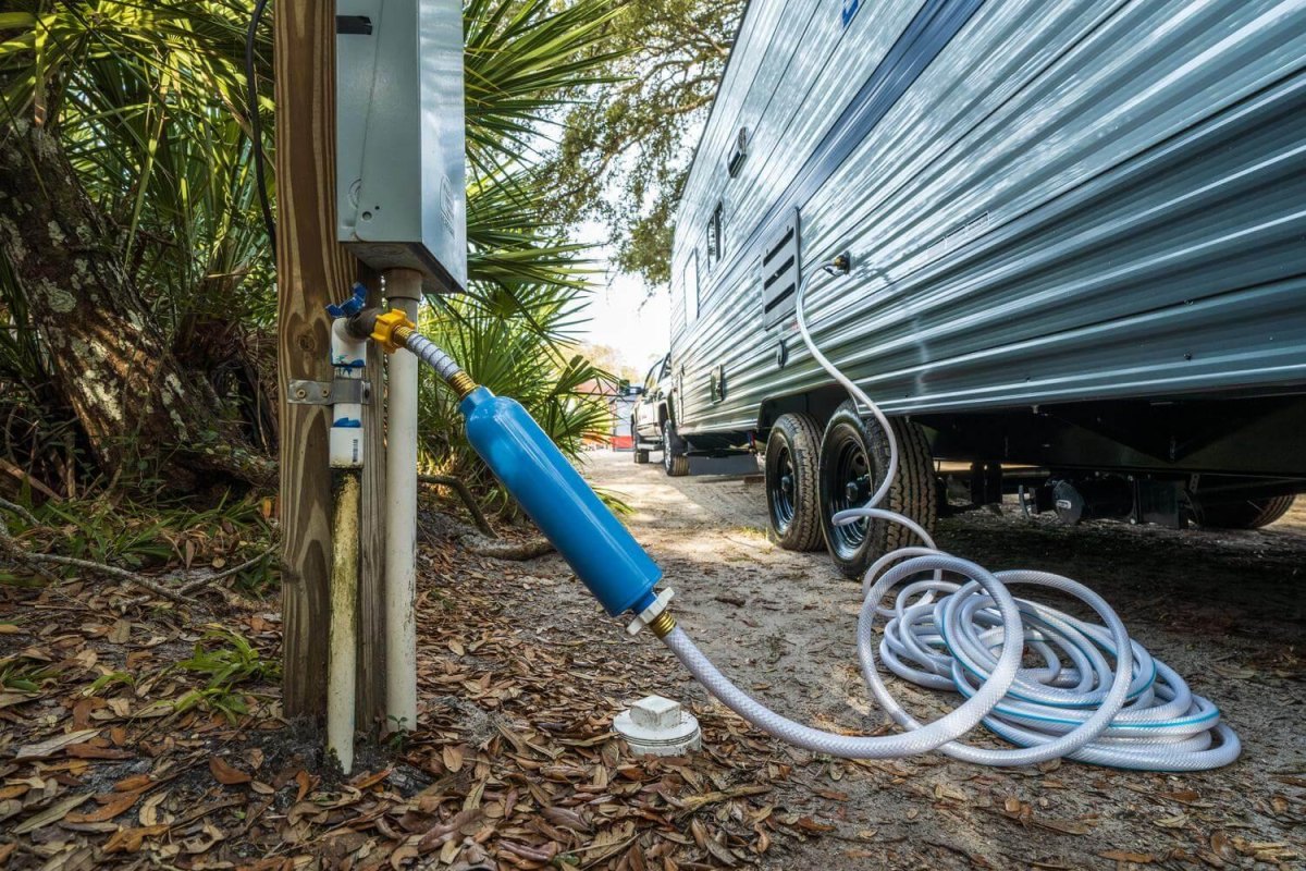 RV water filter attached to hose