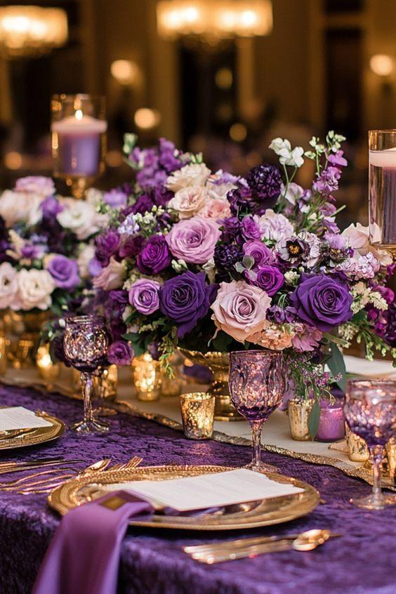 Purple rose gold wedding decor