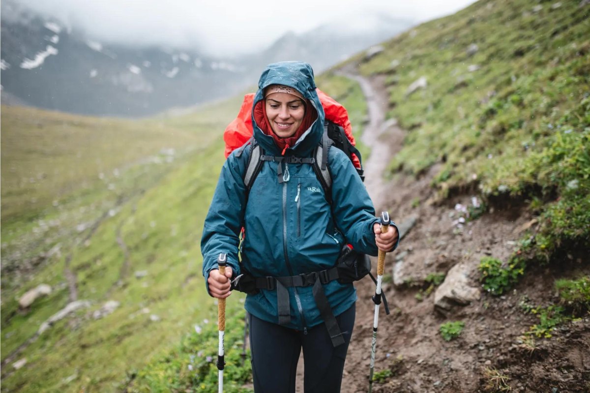 Woman wearing rain jacket outdoors