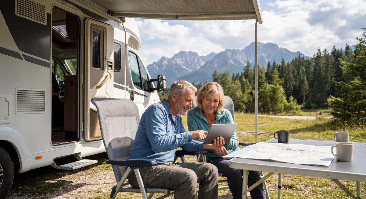 Couple planning RV trip costs near their vehicle