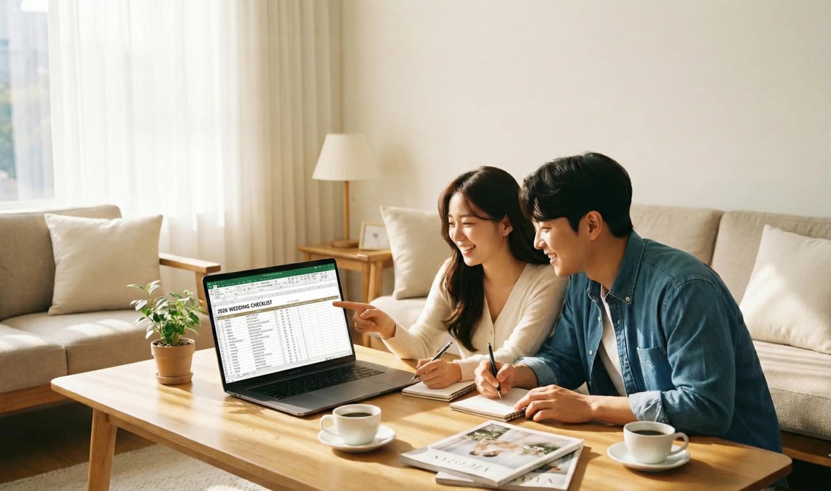 Couple reviewing wedding checklist