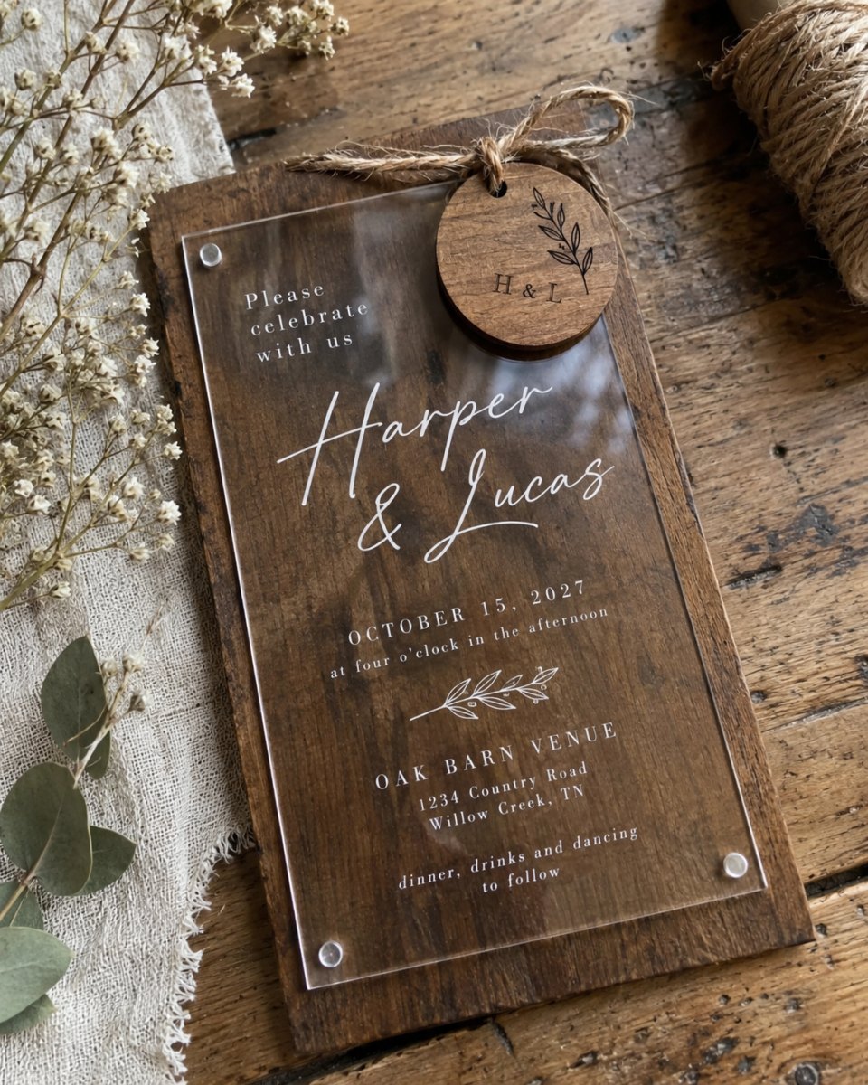 Rustic acrylic invitation wooden accent