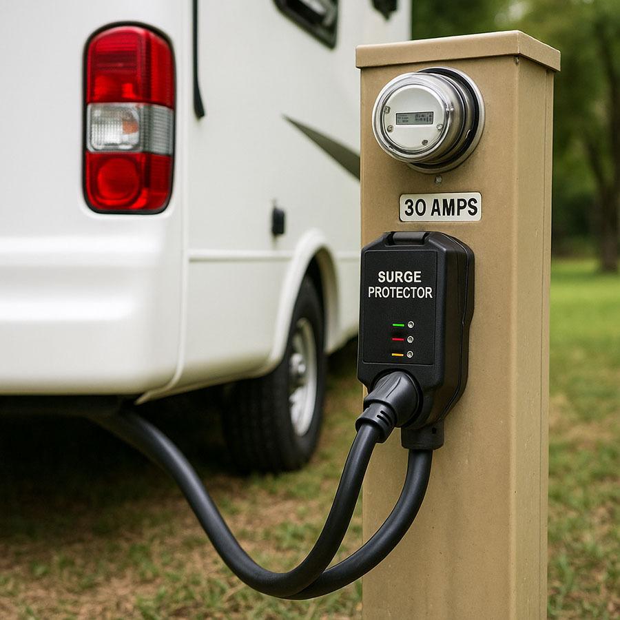 RV surge protector at campsite hookup