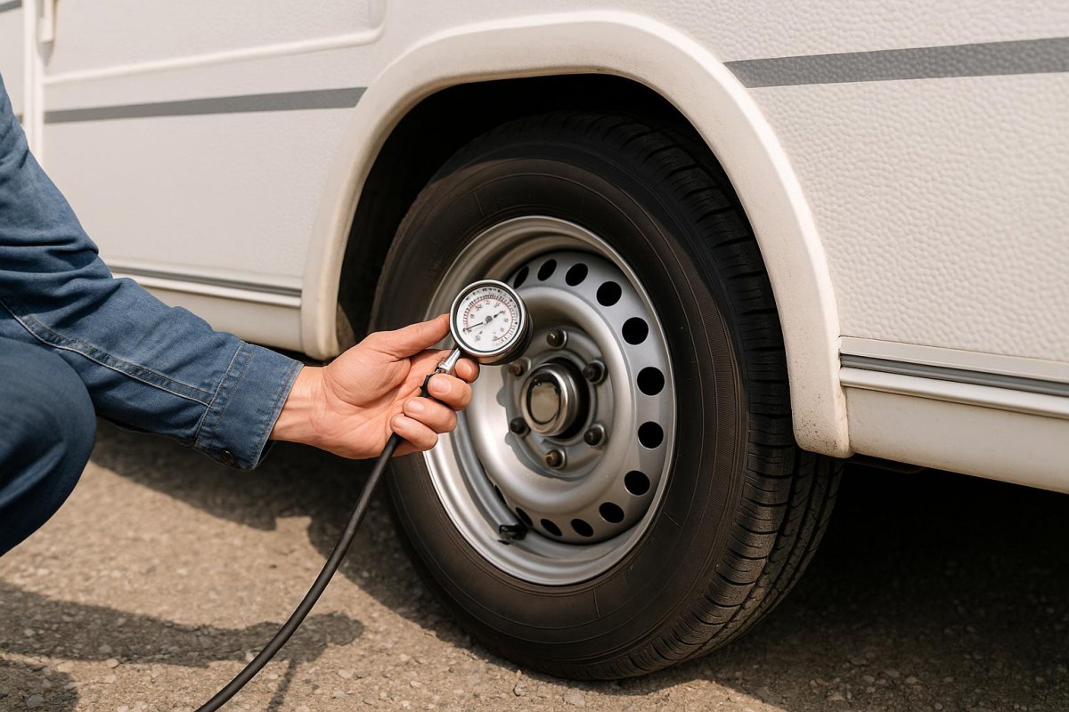 RV tire pressure gauge checking tire