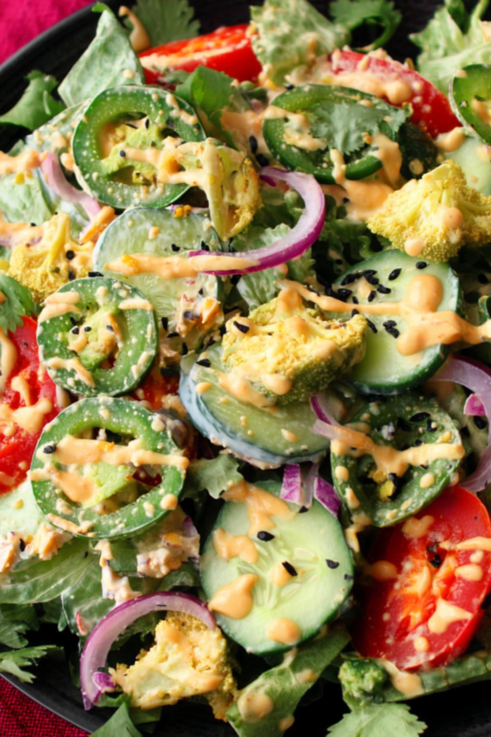 23. Rainbow Veggie Healthy Salad Recipes with Tahini-Lemon Drizzle