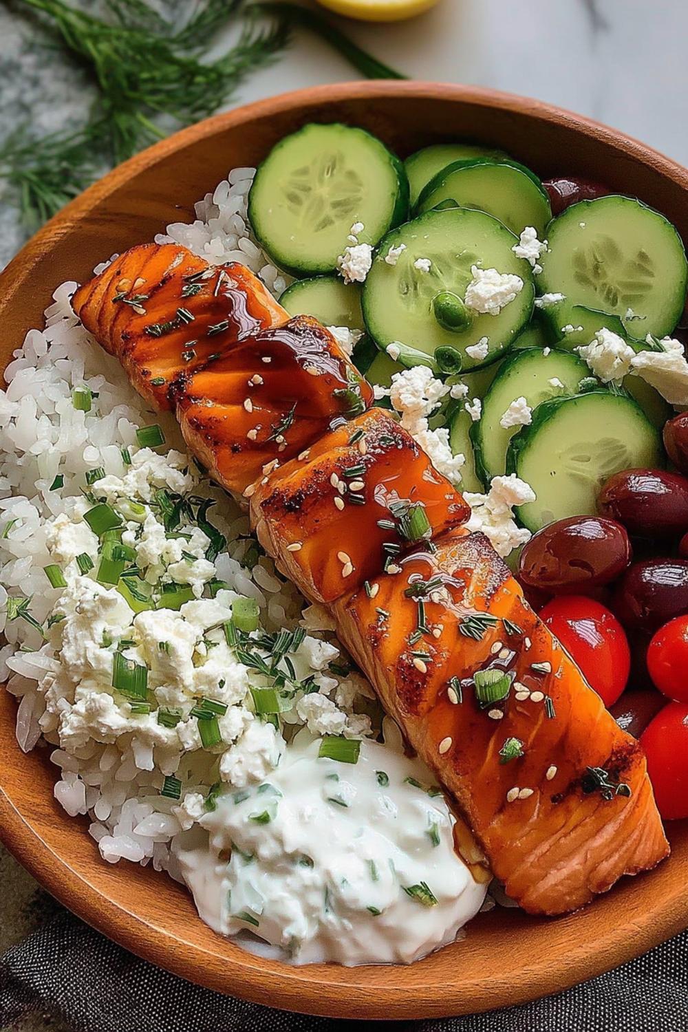4. Mediterranean Salmon Grain Bowls with Tzatziki for healthy salmon recipes ideas
