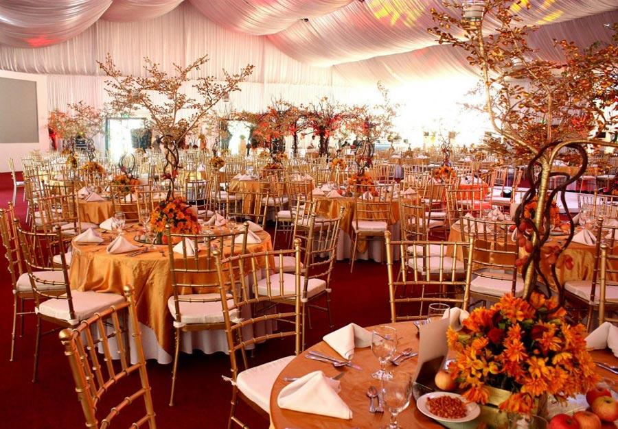Draped ceiling wedding reception decorations with chandeliers