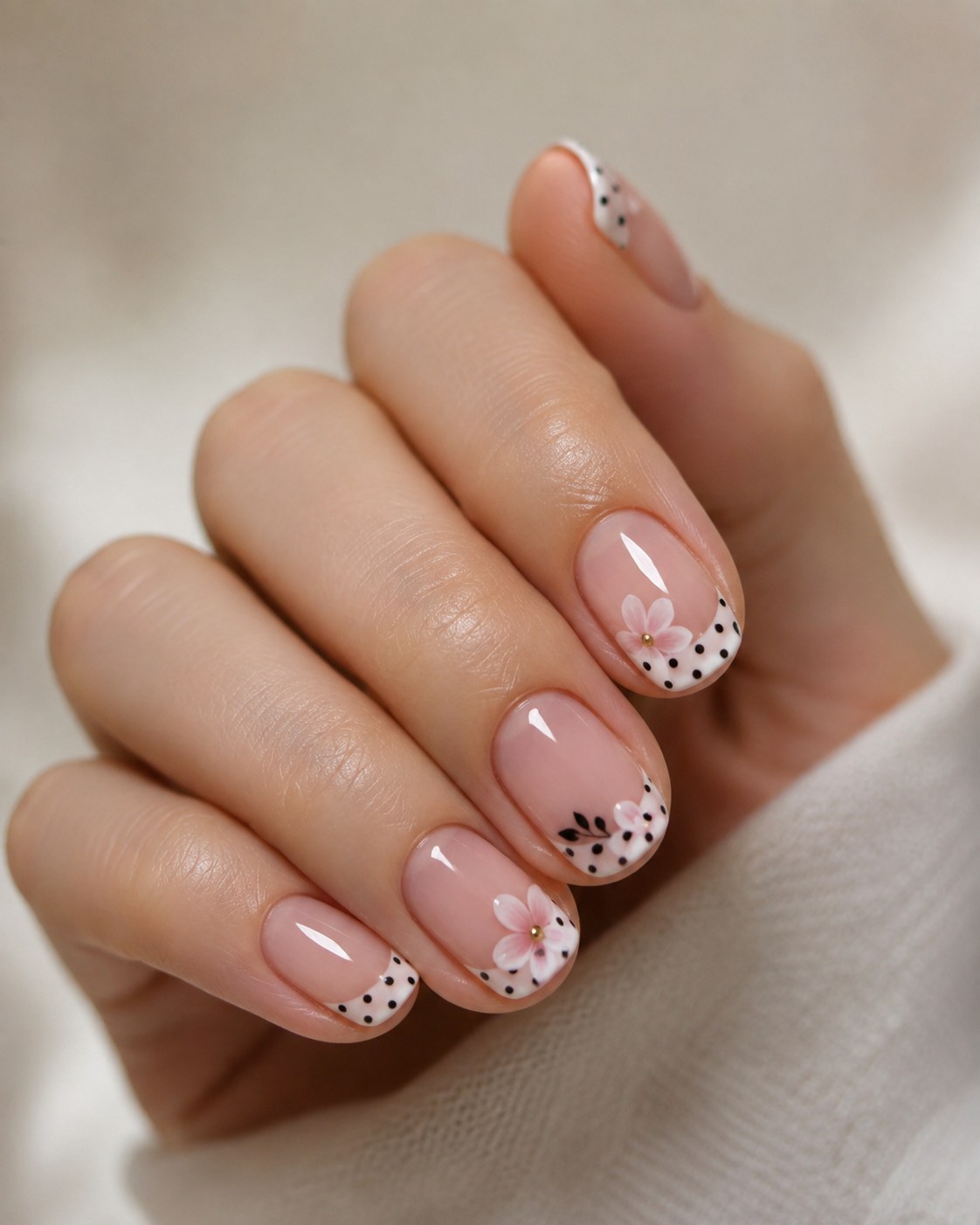 Vintage-inspired short french tip nails with black polka dots and painted pink flowers