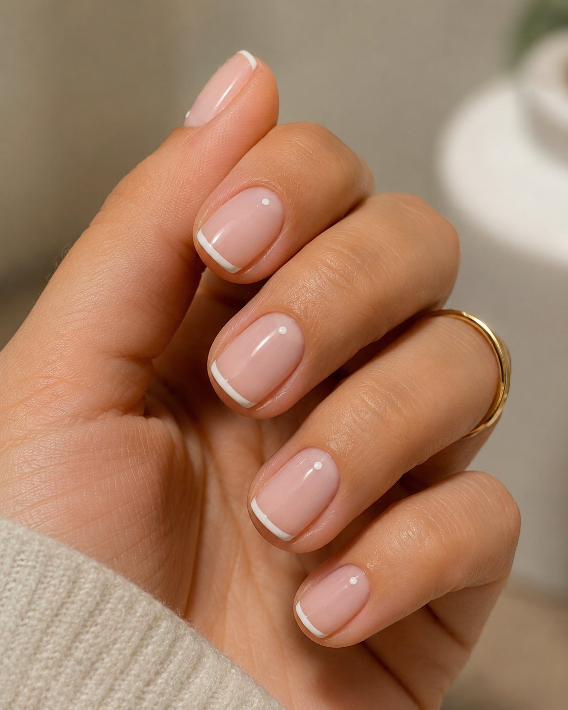Minimalist short french tip nails with a thin white line for an everyday manicure