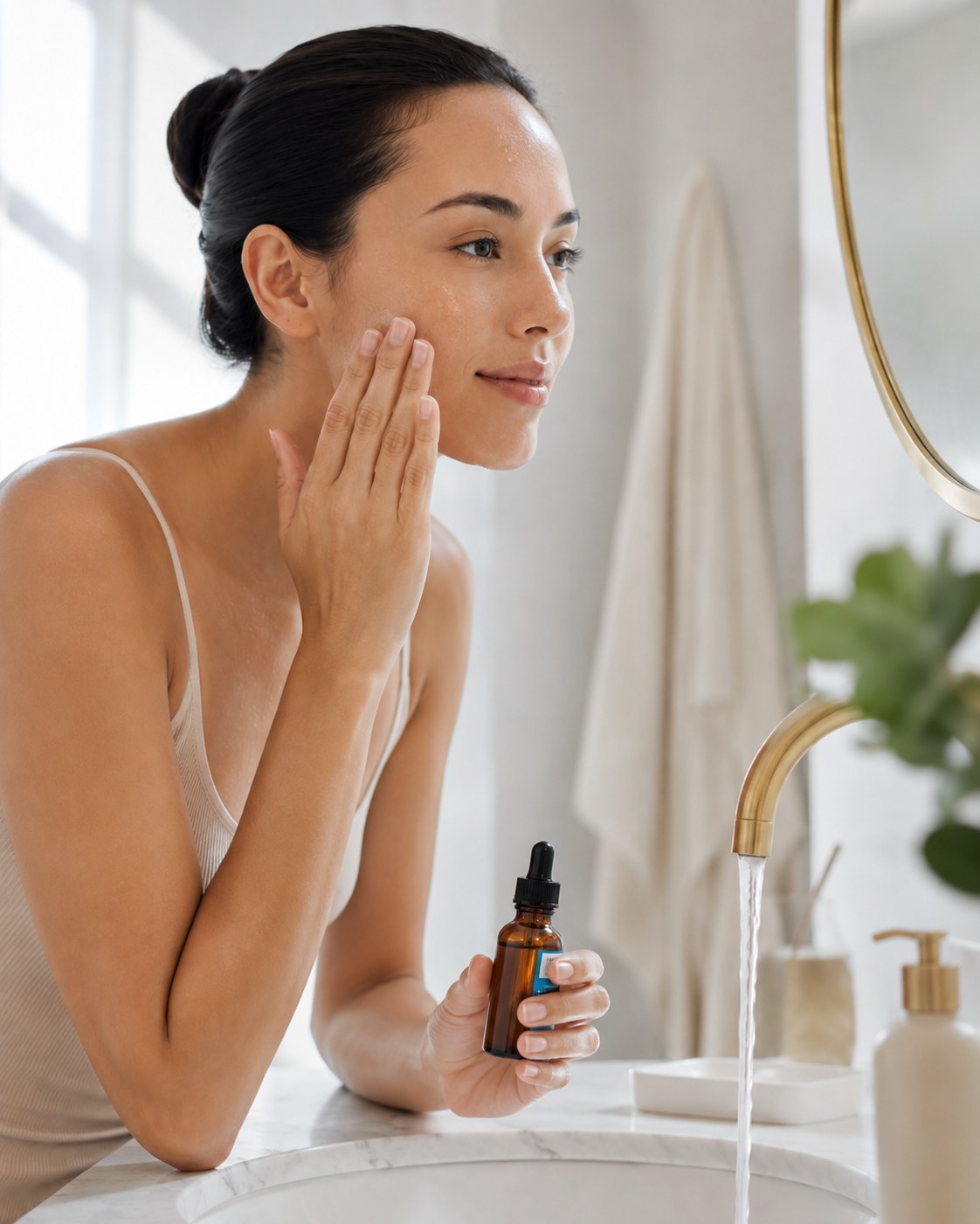 Applying vitamin C serum to the cheek in upward strokes during a morning skincare routine