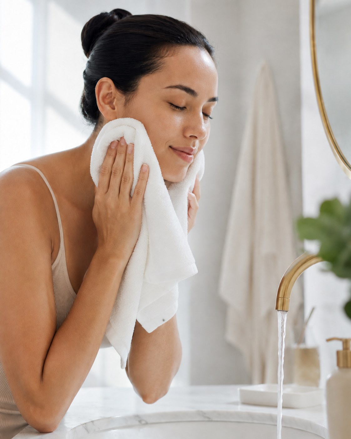 Patting the face dry with a soft towel before applying vitamin C serum