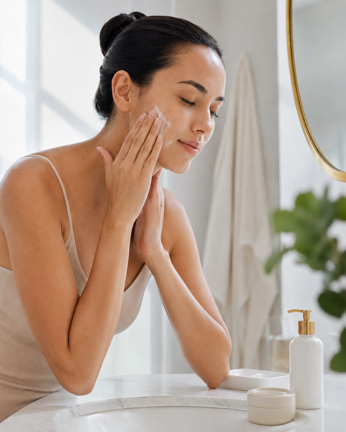 Applying the final moisturizer and sunscreen step to finish the vitamin C serum routine