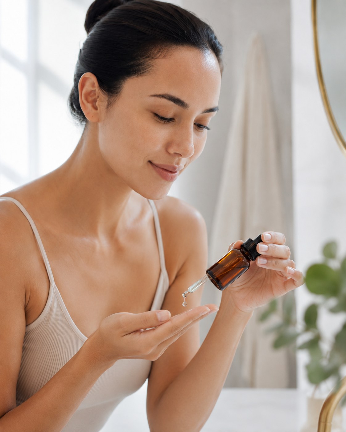 Dispensing drops of vitamin C serum from an amber glass bottle into the palm