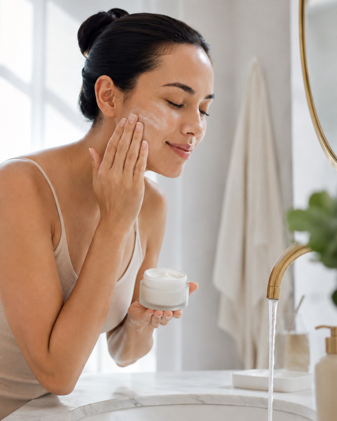 Applying a rich moisturizer from a jar to seal in vitamin C serum