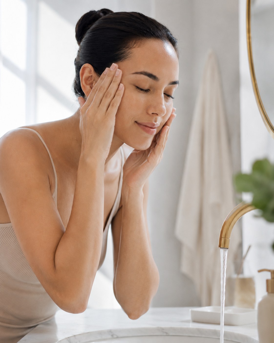Pressing vitamin C serum into the skin with both palms to help it absorb