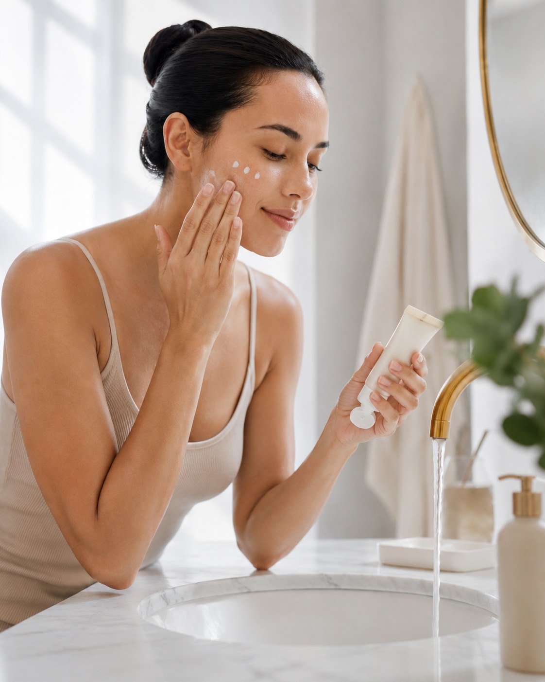Applying a targeted treatment cream from a tube after the vitamin C serum step
