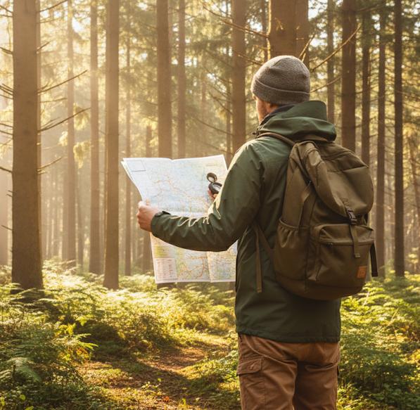 Hiker using map compass